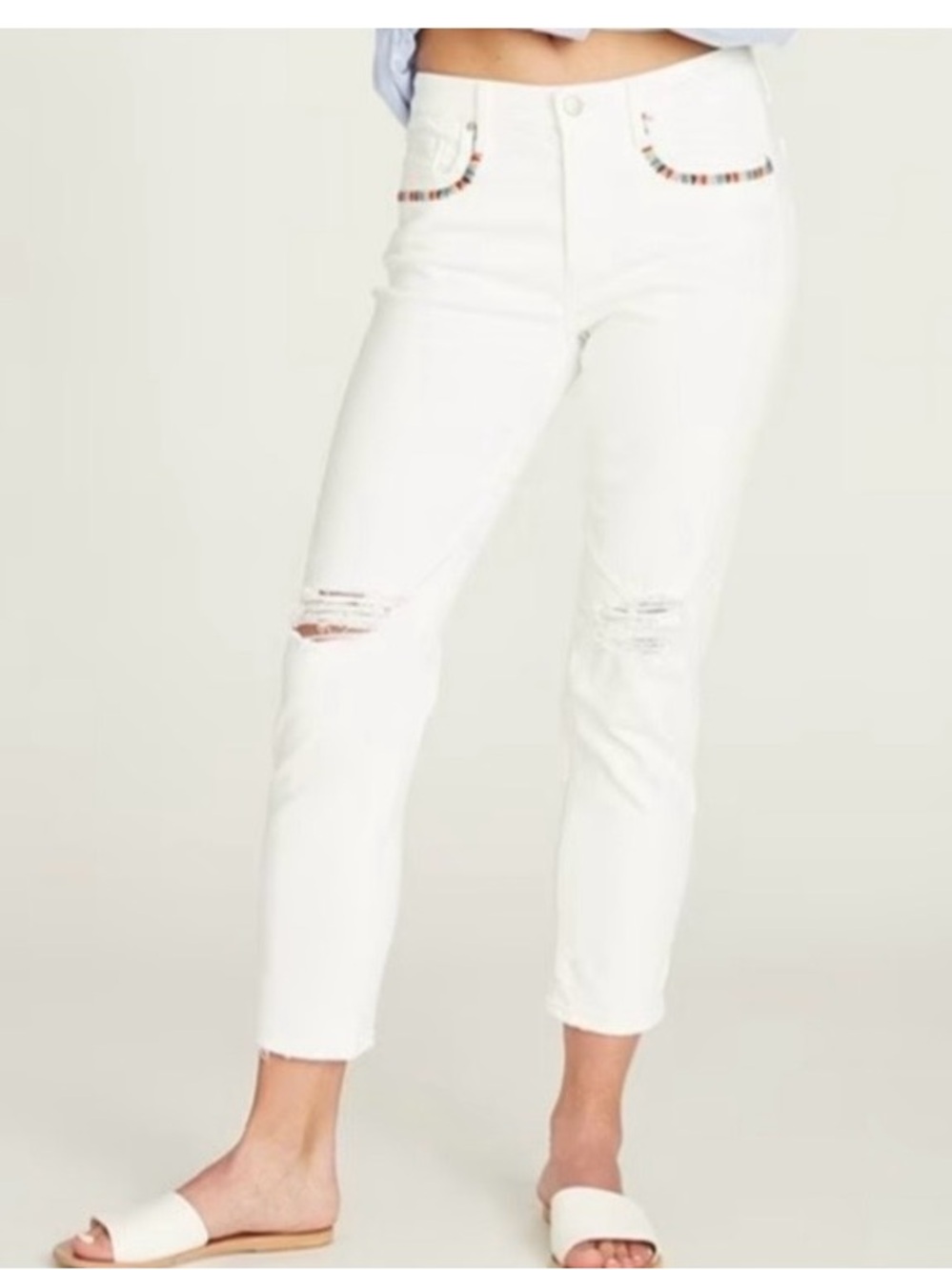 DRIFTWOOD White Skinny Jeans with Multicolor Bead Pocket Trim